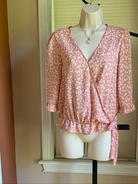 Women's Peach Floral Faux Wrap Blouse w/Tie Hem